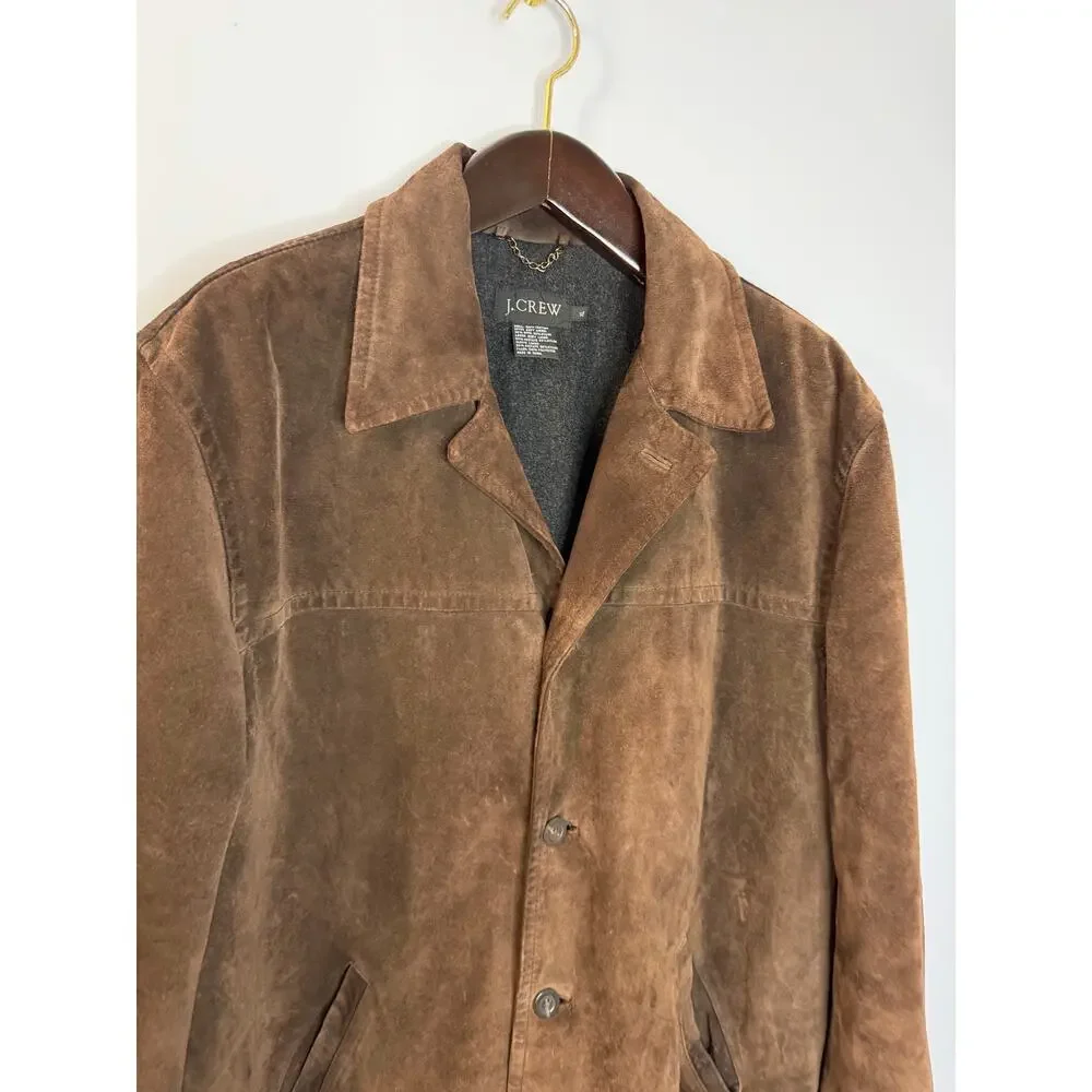 J CREW VGT 90's Suede Leather Jacket Lined Coat Button Down Wool Lining Brown XL